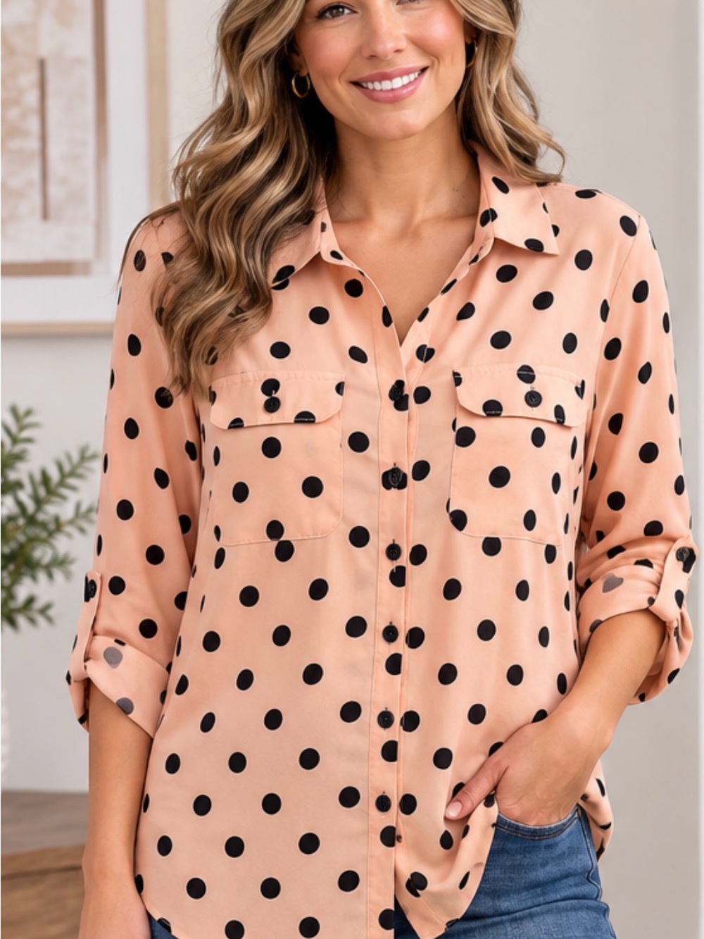 Polka Dot Button-Up Shirt - Peach with Black Dots